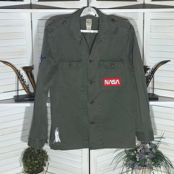 Lucky Brand Cotton Jacket NASA Patches Cargo Pockets Military Green Men’s sz M - Picture 3 of 16